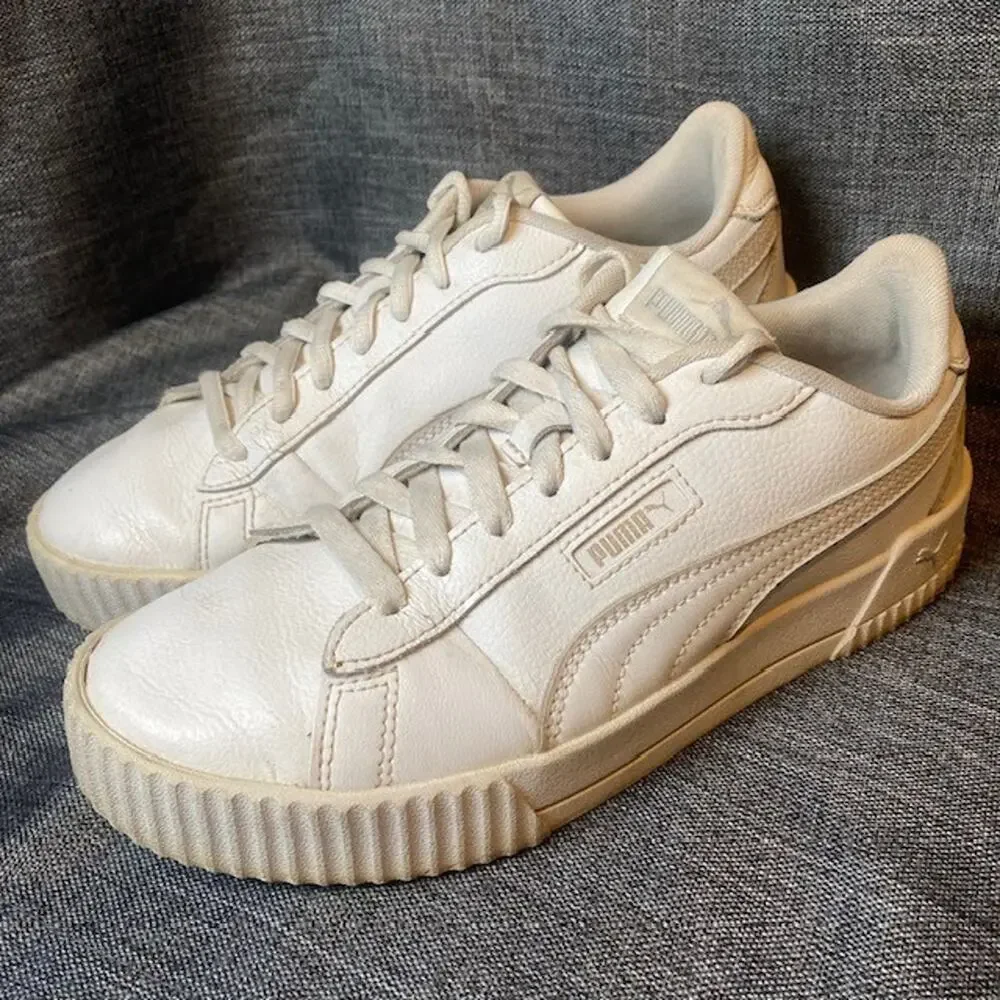 Puma Carina Triple White Low Top Casual Sneakers Shoes Womens 8.5 Athletic